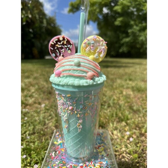 Blue 3D Cookie Ice Cream Sprinkle Cup 16oz Cold Beverage Straw & Lid Tumbler…. - Picture 2 of 7